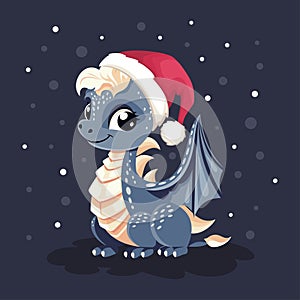 Vector New Year card in dark colors. Cute dragon symbol of 2024 . Cute kind dragon wearing a Santa Claus Christmas hat.