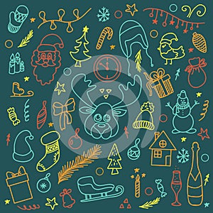 Vector new year`s Christmas set on a blackboard background, in the style of a Doodle, contour icons, many elements, flat style,