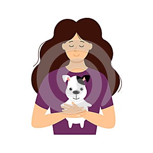 Vector nice cartoon smiling girl hug a cute puppy, woman hold in embrace her dog lovely pet illustration