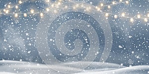 Vector night Christmas, Snowy landscape with light garlands, snow, snowflakes, snowdrift. Happy new year. Holiday winter