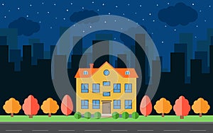 Vector night city with cartoon houses and buildings. City space with road on flat style background concept.