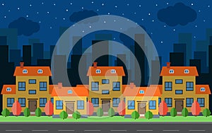 Vector night city with five cartoon houses and buildings. City space with road on flat style