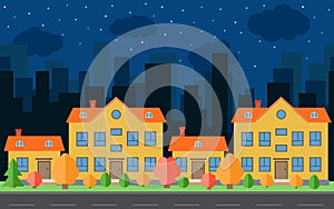 Vector night city with four cartoon houses and buildings.