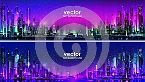 Vector night city illustration with neon glow and vivid colors