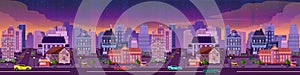 Vector night city illustration with neon glow and vivid colors.