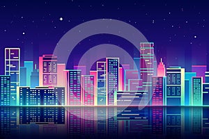 Vector night city with neon glow illustration.