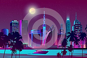 Vector night city on river, tropical megapolis