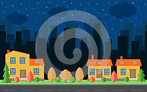 Vector night city with three cartoon houses and buildings. City space with road on flat style background concept.