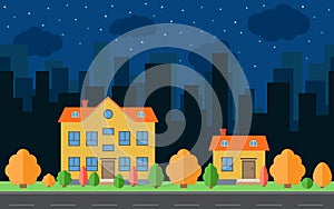 Vector night city with two cartoon houses and buildings with trees and shrubs.