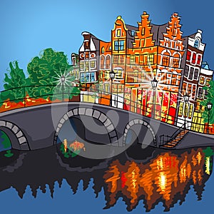 Vector night city view of Amsterdam canal and bridge