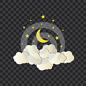 Vector night illustration, shining moon and stars, clouds, paper art style, objects isolated on dark transparent background.