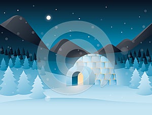 Vector night scenery with icy cold house, mountains, forest
