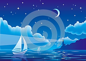 Vector night seascape with sailboat and lighthouse