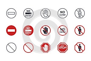 Vector no entry icons. Black red marks editable stroke. Collection of stop signs, forward movement is prohibited for people,