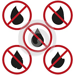 Vector no water drops set. Moisture forbidden symbol collection. Anti-liquid sign for water-sensitive areas.
