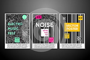 Vector noise posters set with noise background. Electro music festival invitation, glitch texture. Trendy covers
