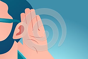 Vector of a nosy man with hand to ear gesture listens carefully