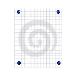 Vector Note Paper Sheet Pinned by Realistic Blue Pin Buttons Isolated. Graph Paper Background.