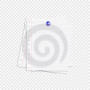Vector notebook pages pinned by the button isoalted on gray background, lined paper, memo template, design element.
