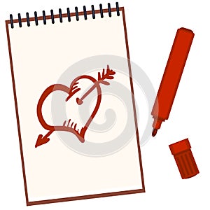 Vector Notebook With Red Felt-tip Pen and Sketch Drawings: Heart and Arrow