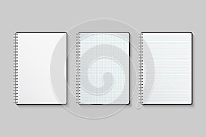 Vector notebook set. Blank, lined and squared paper notebooks isolated on gray background.