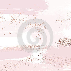 Vector Nude rose brush strokes with golden sparkles pattern, luxury outline decoration. Pastel pink delicate art