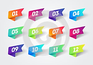 Vector Number Bullet Point 1 to 12 Colorful Label Ribbons Set