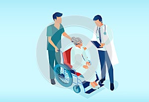 Vector of nurse and a doctor taking care of an elderly patient in a wheelchair