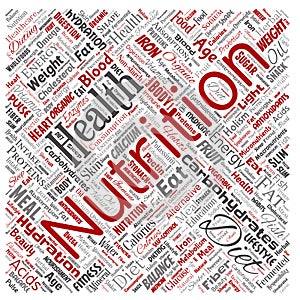 Vector nutrition health diet square red word cloud