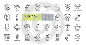 Vector nutrition icons. Editable Stroke. Nutrients in food, diet, weight loss, balance. Protein, carbohydrate, fiber, trans fat,