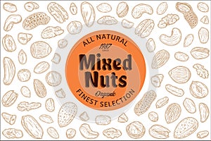 Vector nuts label, nut kernels and shells icons