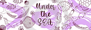 Vector ocean illustration with whale,penguin,fish,squid,seahorse,devilfish. Under the sea - modern lettering.Underwater