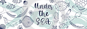 Vector ocean illustration with whale,penguin,fish,squid,seahorse,devilfish. Under the sea - modern lettering.Underwater