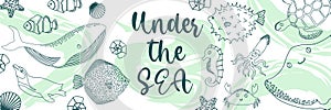 Vector ocean illustration with whale,penguin,fish,squid,seahorse,devilfish. Under the sea - modern lettering.Underwater