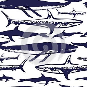 Vector ocean seamless pattern. Sharks and whale.