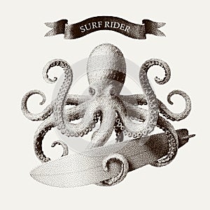 Vector octopus tentacles holding a surfboard in the style of vintage etchings