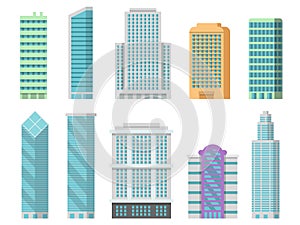 Vector office buildings isolate on white. Illustrations of modern skyscrapers