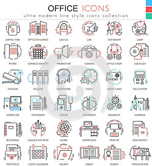 Vector Office color flat line outline icons for apps and web design.Office elements tools icons.