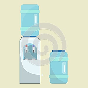 Vector office water cooler with one bottle on the top of it, and another on the side. Isolated on light yellow background