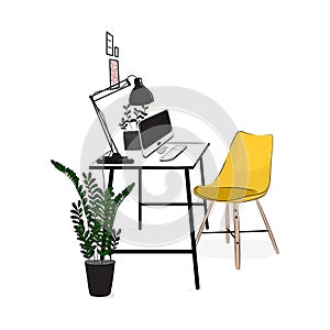 Vector office workplace with computer and plants. Comfortable modern creative workspace with yellow chair. Flat loft studio concep