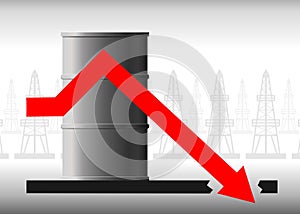 Vector oil crisis concept. The fall in oil prices, fuel. The red arrow of the graph against the background of the barrel falls