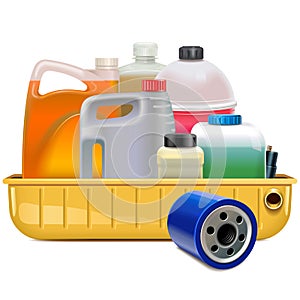 Vector Oil Filter and Car Fluids in Oil Drain Pan