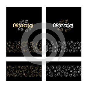 Vector oktoberfest banner template set. Grunge poster and border frame with holiday symbol bavarian retro style food and beverages