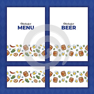 Vector oktoberfest banner template set. Poster and border frame with colorful holiday bavarian retro style food and beverages