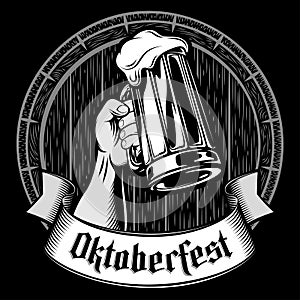 Vector Oktoberfest Beer Glass Mug Barrel Foam Enrgaving Black Gray