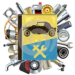 Vector Old Automobile Repair Book with Car Spares