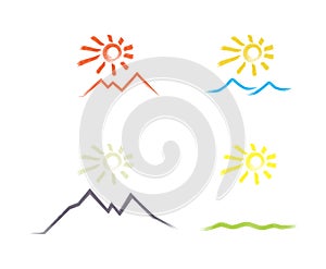 set vector icons sun over desert, sea, meadows, mountains, painted with  brush