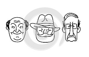 Vector old man face, senior, mature, different age generation. Adult people, diverse characters set. Elderly person