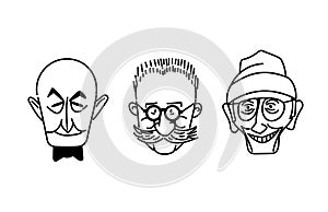 Vector old man face, senior, mature, different age generation. Adult people, diverse characters set. Elderly person