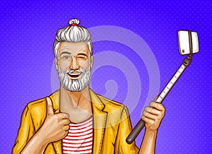 Vector old man with selfiestick and smartphone